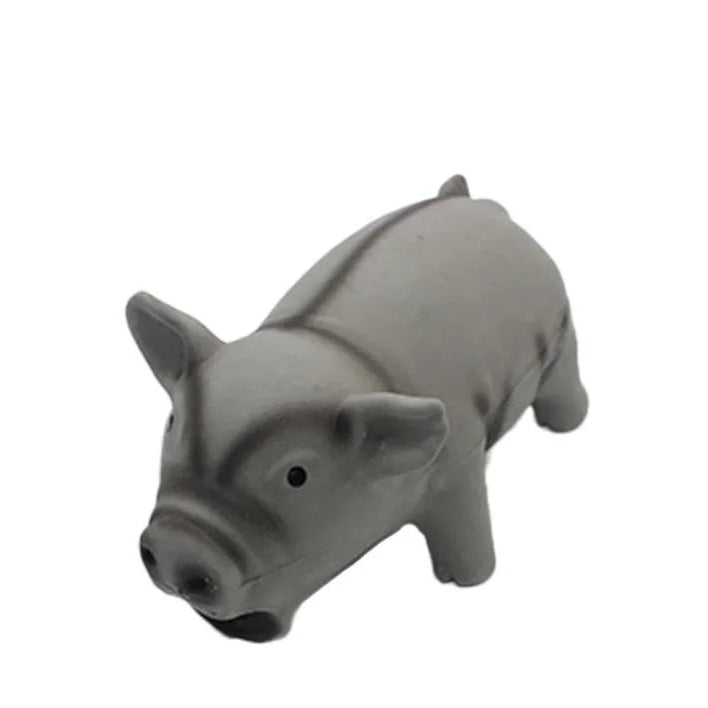 Gray pig-shaped squeaky dog toy made of soft latex, perfect for chewing, playing, and pet entertainment
